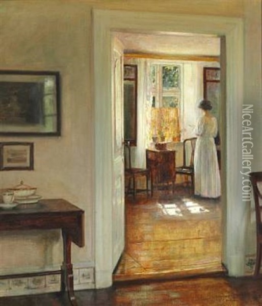 Interior With The Painter's Wife Reading At The Window, Sunshine Oil Painting - Carl Vilhelm Holsoe