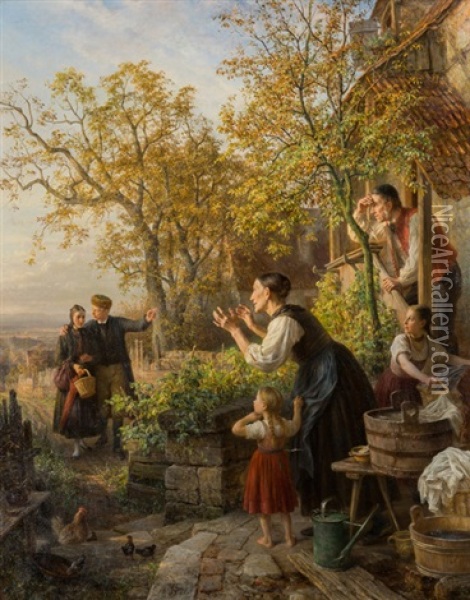 Die Ruckkehr Des Sohnes Mit Seiner Braut (besuch Bei Den Schwiegereltern) Oil Painting - Theodor Christoph Schuez