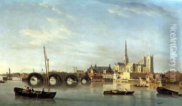 The Building of Westminster Bridge with an imaginary view of Westminster Abbey, c.1742 Oil Painting - Samuel Scott