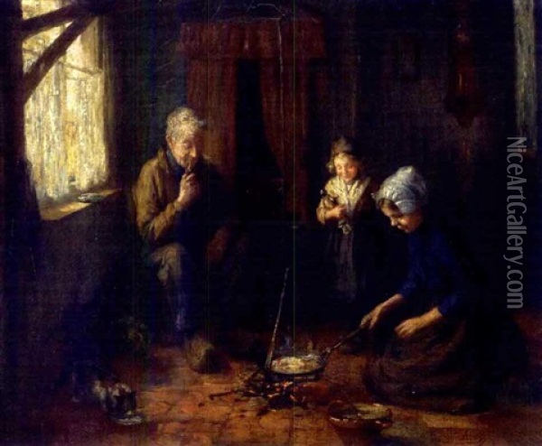 Preparing A Meal With Sister Oil Painting - Jozef Israels