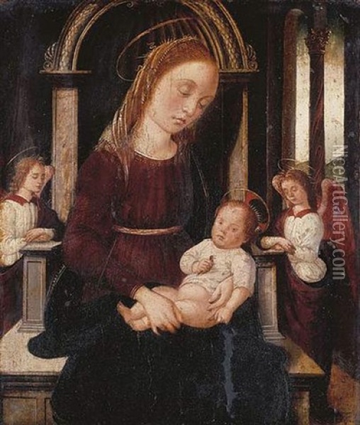 The Madonna And Child Enthroned Flanked By Two Angels Oil Painting - Biagio d'Antonio Tucci