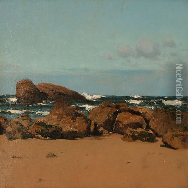 Beach Scene With Big Rocks Oil Painting - Lauritz B. Holst