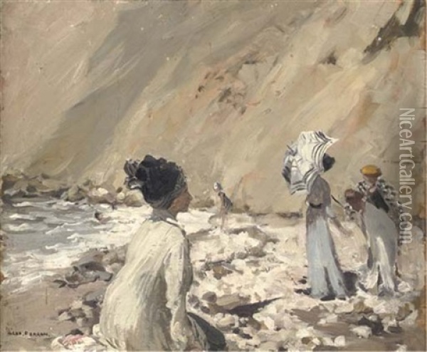 The Bathers (+ A Sketch Of A Bather Wrapped In A Checked Shawl, Under An Umbrella, Verso) Oil Painting - Hilda Fearon