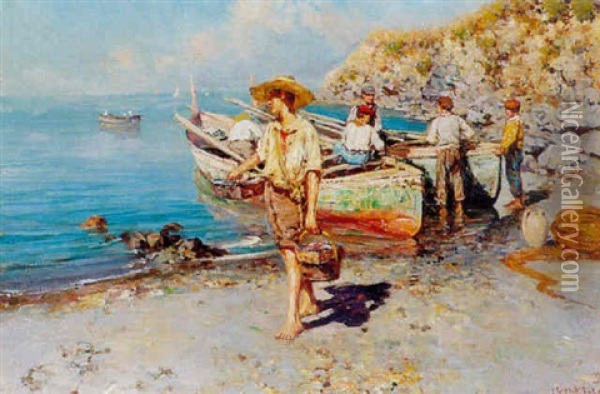 Fishermen On The Beach Oil Painting - Giuseppe Giardiello