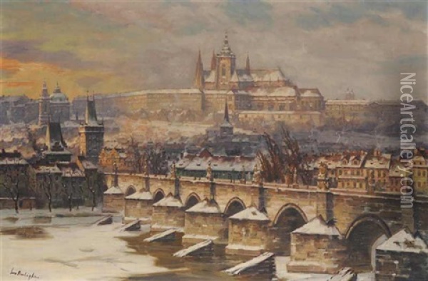 A View Of Charles Bridge And Prague Castle Oil Painting - Iaro Prochazka