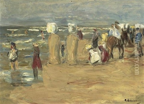 Badestrand In Scheveningen Mit Reitesel, Strandkorben Und Spielenden Kindern Oil Painting - Max Liebermann