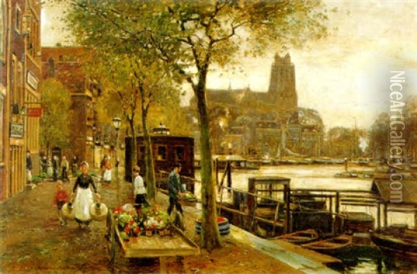 Blumenmarkt Im Dordrechter Hafen Oil Painting - Heinrich Hermanns