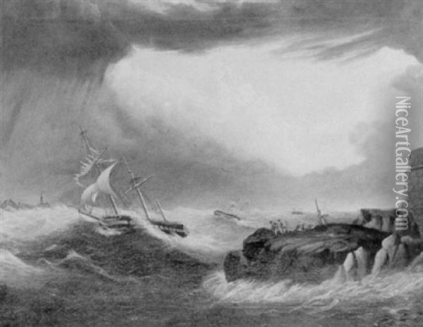 Shipping In Distress In A Storm Off A Rocky Coast With Survivors Coming Ashore From A Wreck Oil Painting - Thomas Wright