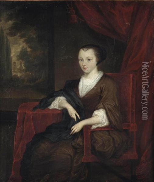 Portrait Of A Lady, 
Three-quarter-length, In A Brown Dress And Black Wrap With A White 
Collar And Cuffs, Seated At A Draped Table With A View Of A Park 
Landscape Beyond Oil Painting - Gerard Terborch
