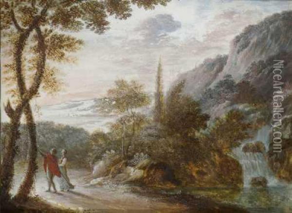 Felsige Landschaft Mit Spazierendem Paar. Oil Painting - Bartholomeus Dietterlin