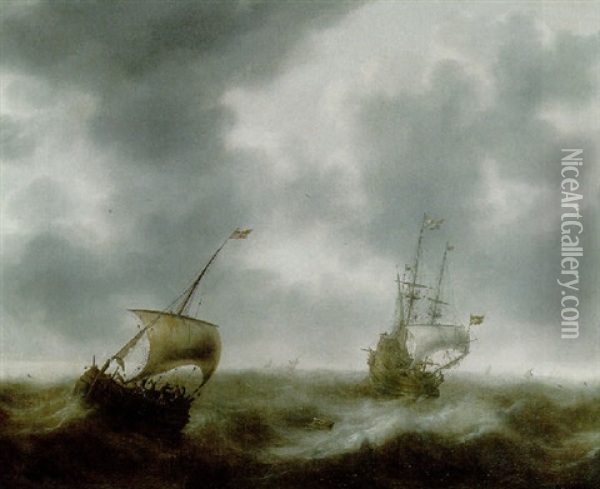 A Dutch Merchantman, A Pink And Other Shipping In Rough Seas Oil Painting - Jacob Adriaenz. Bellevois