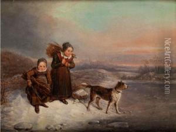 Zwei Madchen Beim Reisigsammeln In Winterlandschaft Mit Einem Hund Oil Painting - Wilhelm Alexander Meyerheim