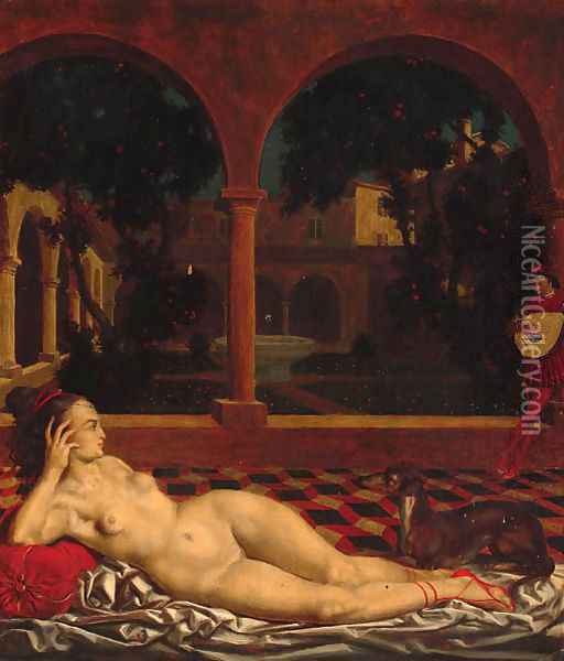 A reclining female nude in a cloister Oil Painting - Theodor Baierl