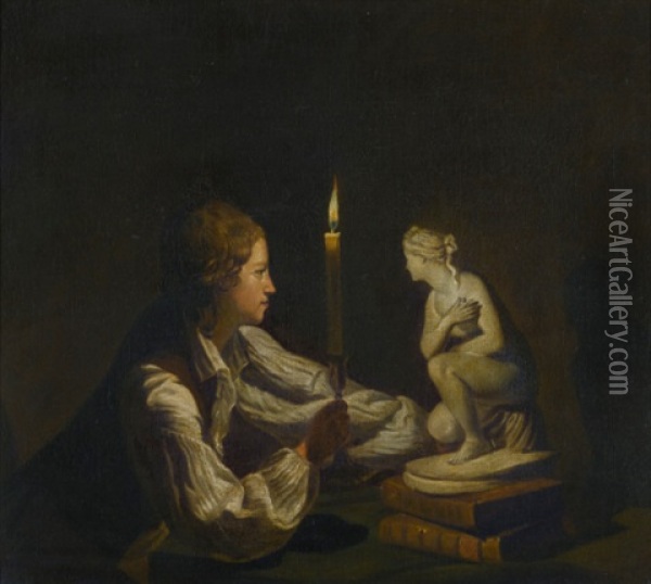 A Young Artist Holding A Lighted Candle, Inspecting A Model Of A Crouching Venus Oil Painting - Joseph Wright (of Derby)