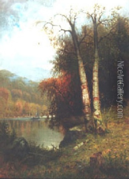 Sailboat On A River, Autumn Oil Painting - Charles Day Hunt