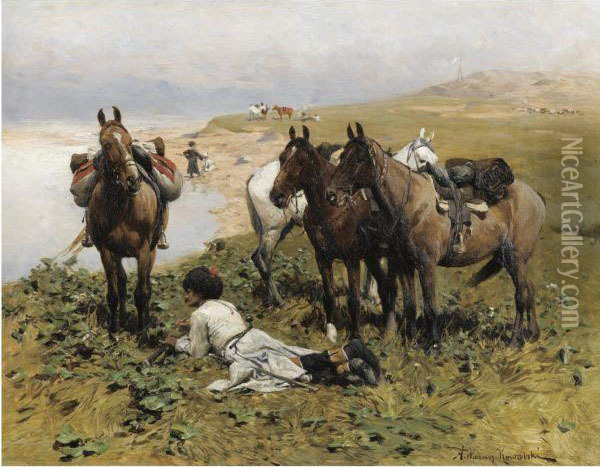 Caucasian Riders Resting Oil Painting - Alfred Wierusz-Kowalski