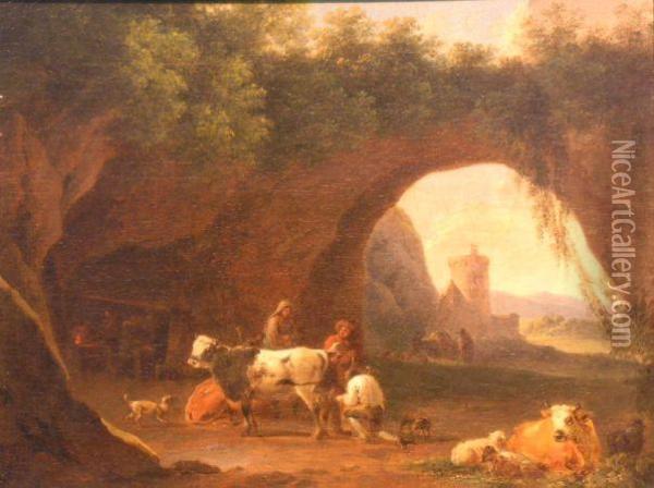 An Italianate Landscape With Cattle, Goats, Sheep And Figures Byclassical Ruins Oil Painting - Michiel Carre