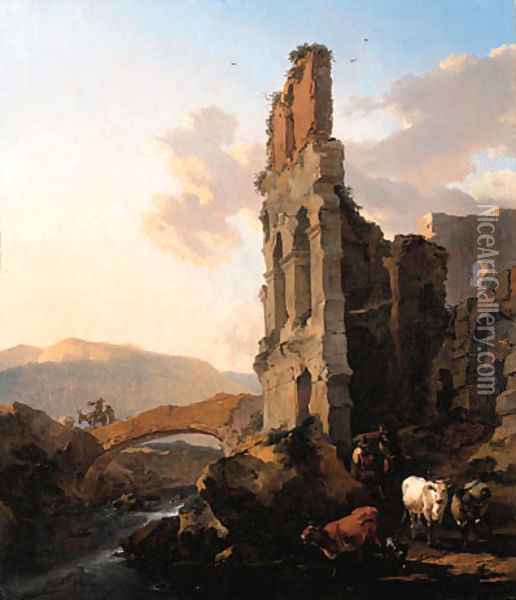 An Italianate river landscape with herdsmen by the ruins of an amphitheatre, and peasants crossing a bridge Oil Painting - Nicolaes Berchem