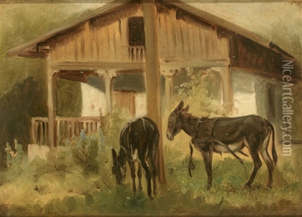 Zwei Ausgespannte Esel Vor Landlichem Anwesen Oil Painting - Benno Raffael Adam