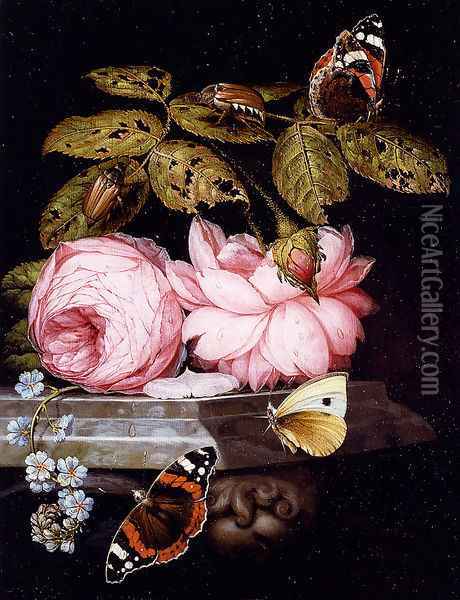 A Still Life With Sprigs Of Guelder-Rose And Forget-Me-Not Resting On A Sculpted Marble Ledge, And Red Admiral Butterflies And A Cabbage White, And Large Bugs Oil Painting - Ottmar The Elder Elliger