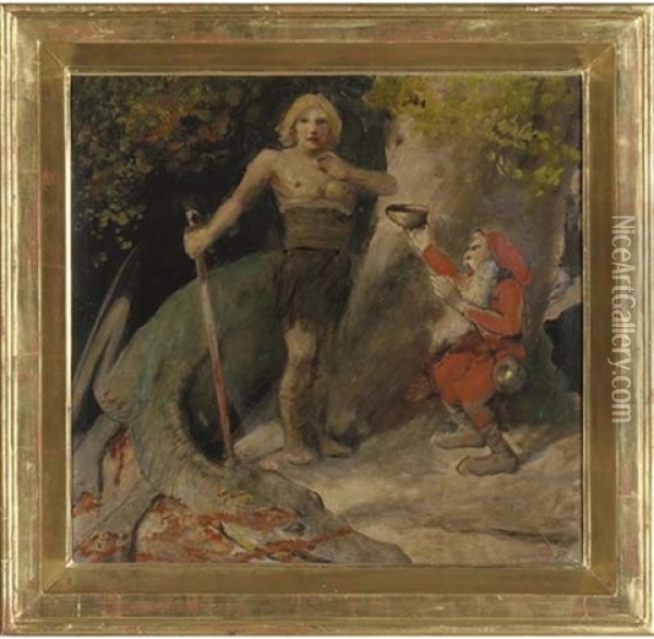 Siegfried With Mime And The Death Of Fafner The Dragon Oil Painting - Emil Pirchan the Elder