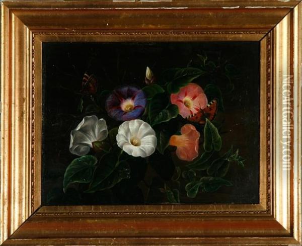 A Still Life With Bindweeds And A Butterfly Oil Painting - I.L. Jensen