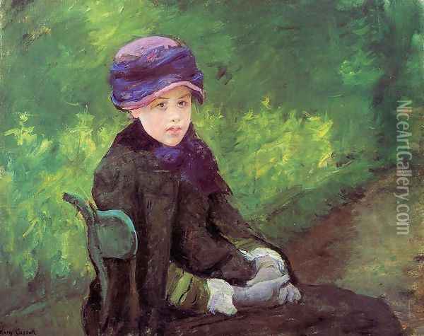 Susan Seated Outdoors Wearing A Purple Hat Oil Painting - Mary Cassatt