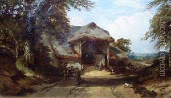 Figures And Cart By A Haybarn Oil Painting - Henry Jutsum