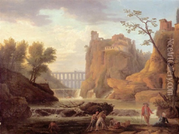 Italienische Landschaft In Klassischer Auffassung Mit Wasserfall, Felsenstadt Und Viadukt Oil Painting - Melchior Vogel