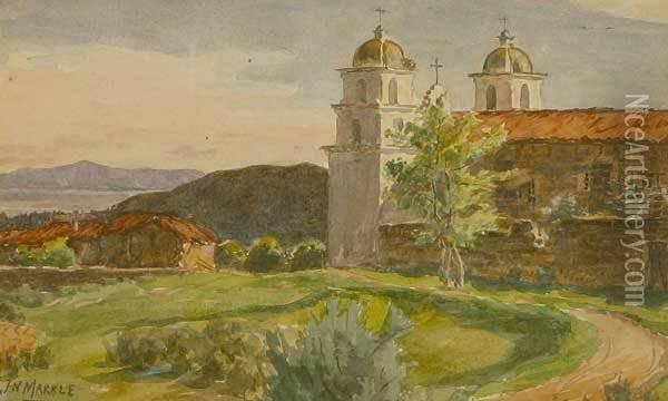Early View Of Santa Barbara Mission S L/l: J.n. Marble W/c On/p Under Glass Sight: 5.5 X 9 Oil Painting - John Nelson Marble