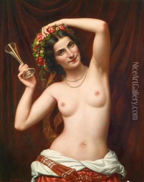 Nackte Schonheit Mit Blumenkranz Und Sektglas Oil Painting - Giovanni (Carl) Squarcina