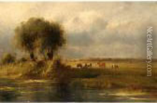 Cows In Summer Landscape Oil Painting - Cornelis I Westerbeek