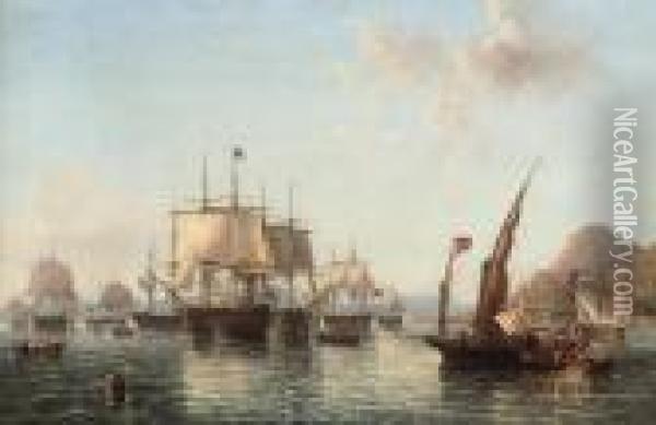 Admiral Lord Exmouth's Fleet Preparing To Leave Gibraltar For Thebattle Of Algiers Oil Painting - John Wilson Carmichael