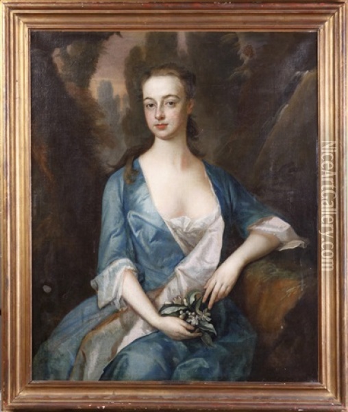 Woman W/blue Dress Holding Oil Painting - Michael Dahl