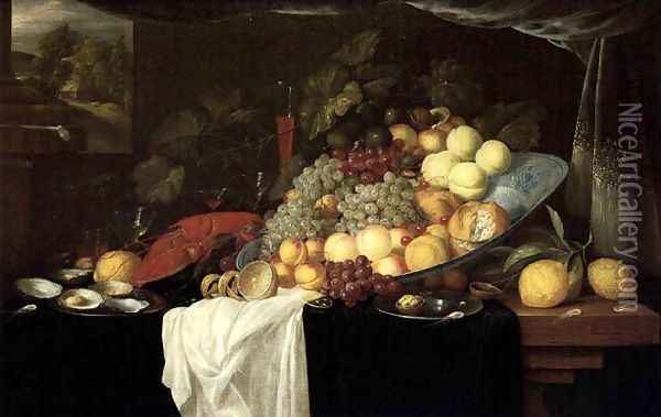 Elaborate Still life of fruit with a lobster and oysters, a landscape beyond Oil Painting - Andries Benedetti