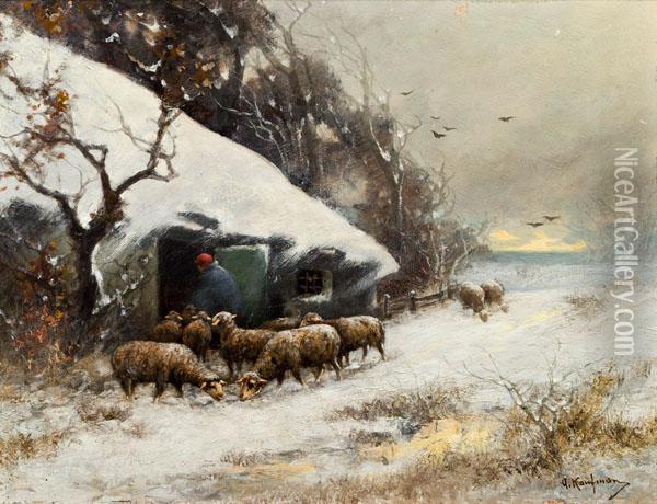 Schafherde Im Winter Oil Painting - Adolf Kaufmann