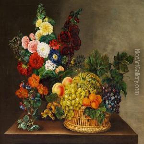 Still Life With Flowers In A Vase And Fruit In A Basket On Atable Oil Painting - I.L. Jensen