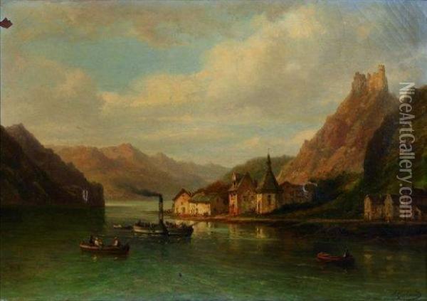 Le Bac Et Les Barques Sur Un Lac De Montagne Oil Painting - Jacques Guiaud