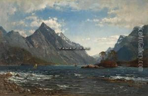 Slogen Og Smorskredtind Sett Fra Saebo I Hjorundfjorden Oil Painting - Anders Monsen Askevold