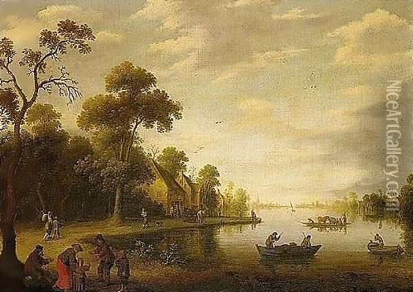 A River Landscape With Fishermen, Beggars On A Track And A Horse-drawn Cart Stopped Outside An Inn Beyond Oil Painting - Joost Cornelisz. Droochsloot