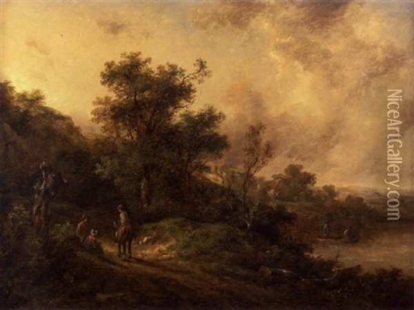 A Wooded River Landscape With Figures On A Country Path Oil Painting - Richard H. Hilder