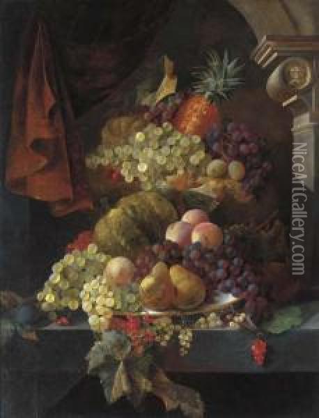 Grapes, Pears, Peaches, Plums, 
Redcurrants, Melons, And A Pineapple, On A Dish, On A Marble Ledge Oil Painting - Henry George Todd