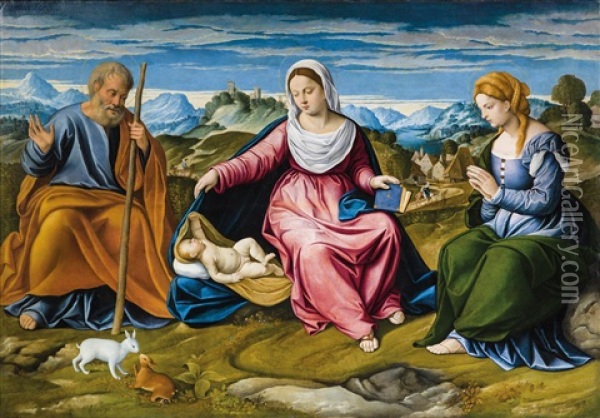 The Holy Family With Saint Mary Magdalene Oil Painting - Girolamo da Santacroce
