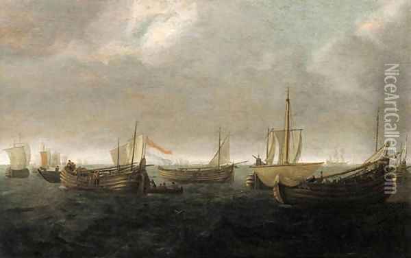Wydships at anchor offshore on a cloudy day Oil Painting - Jan Porcellis