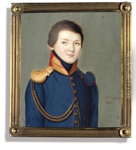 A Boy, In Red-piped Blue Uniform, Gold Embroidered Red Collar, Gold Epaulette And Anguillette Oil Painting - Vicente Lopez y Portana