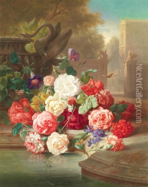 Still Life Of Roses In A Country House Garden Oil Painting - Josef Schuster