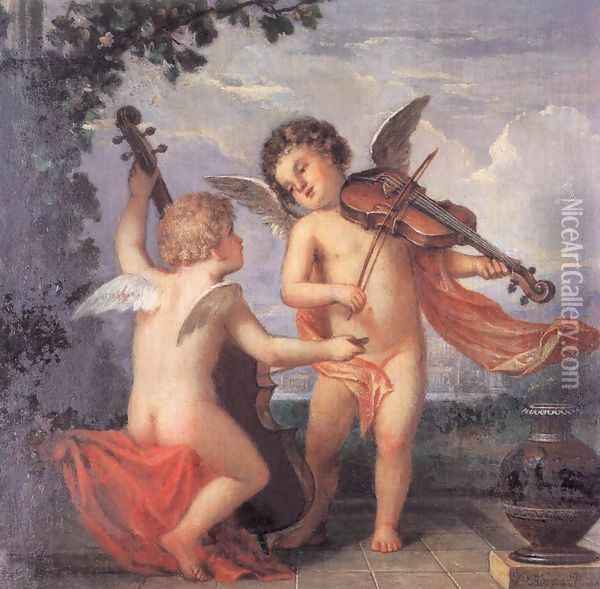 Putti Playing Music sketch c. 1884 Oil Painting - Mihaly Kovacs