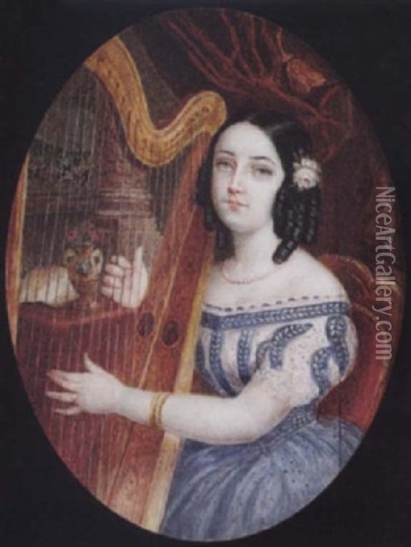 Portrait Of A Young Lady Playing A Harp, She Wears Decollete Dress With Blue Skirt, Pearl Necklace, Gold Bracelet And Pink Rose... Oil Painting - Michaelo Albanesi