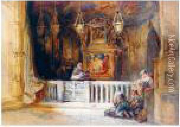 Figures Kneeling At An Altar Oil Painting - Charles Bentley
