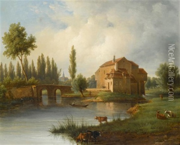 Haus Am Fluss Mit Kuhen Oil Painting - Antoine-Felix (Boisselier le Jeune) Boisselier